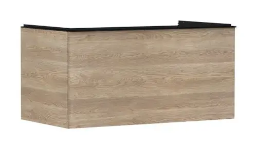 Waschtischunterschrank aus Holzoptik mit schwarzem Oberteil, ausgestattet mit einem Schubkasten, entworfen von Hansgrohe für den Einsatz mit Aufsatzwaschtischen.